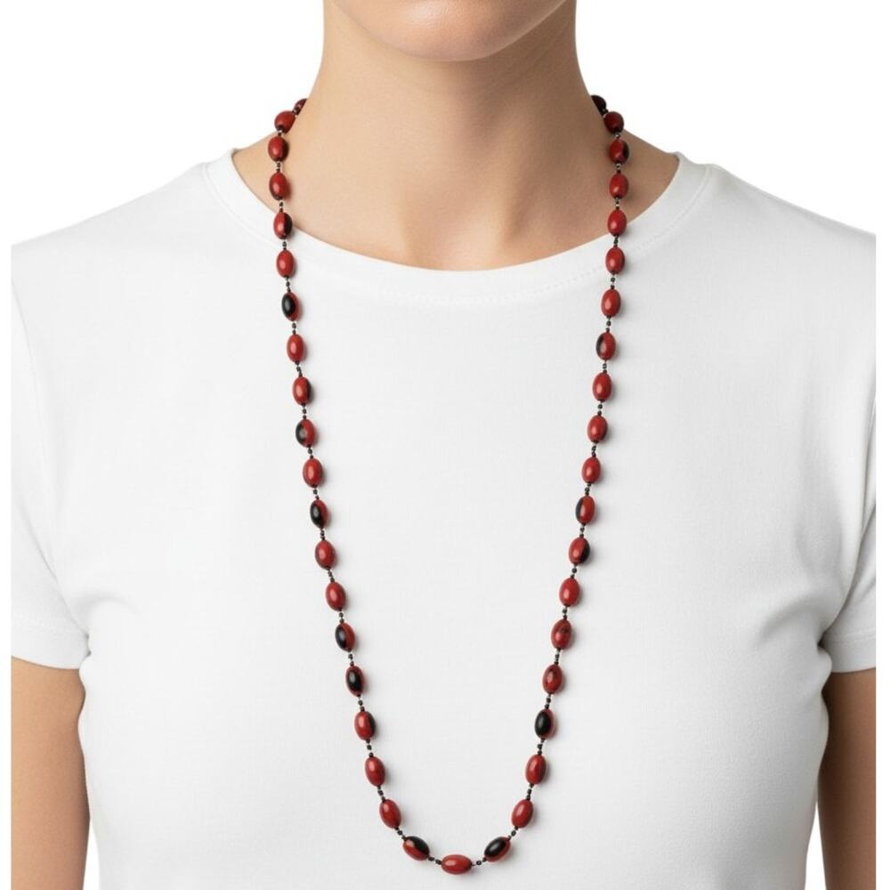 Boho Red Black Beaded Long Necklace Natural Seed Bead Strand